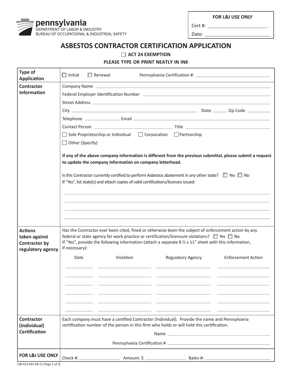 Form LIBI-613 Asbestos Contractor Certification Application - Pennsylvania, Page 1