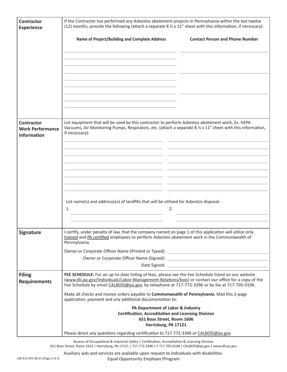 Form LIBI-613 Download Fillable PDF Or Fill Online Asbestos Contractor ...