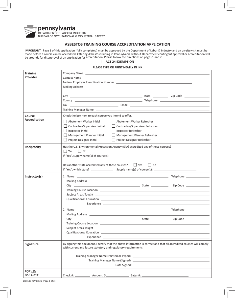 Form LIBI-603 Asbestos Training Course Accreditation Application - Pennsylvania, Page 1