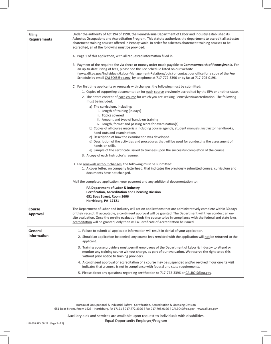 Form LIBI-603 Asbestos Training Course Accreditation Application - Pennsylvania, Page 2