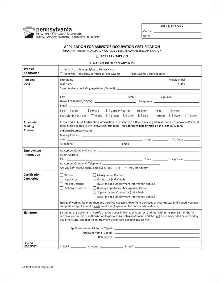 Form LIBI-607 Application for Asbestos Occupation Certification - Pennsylvania, Page 1