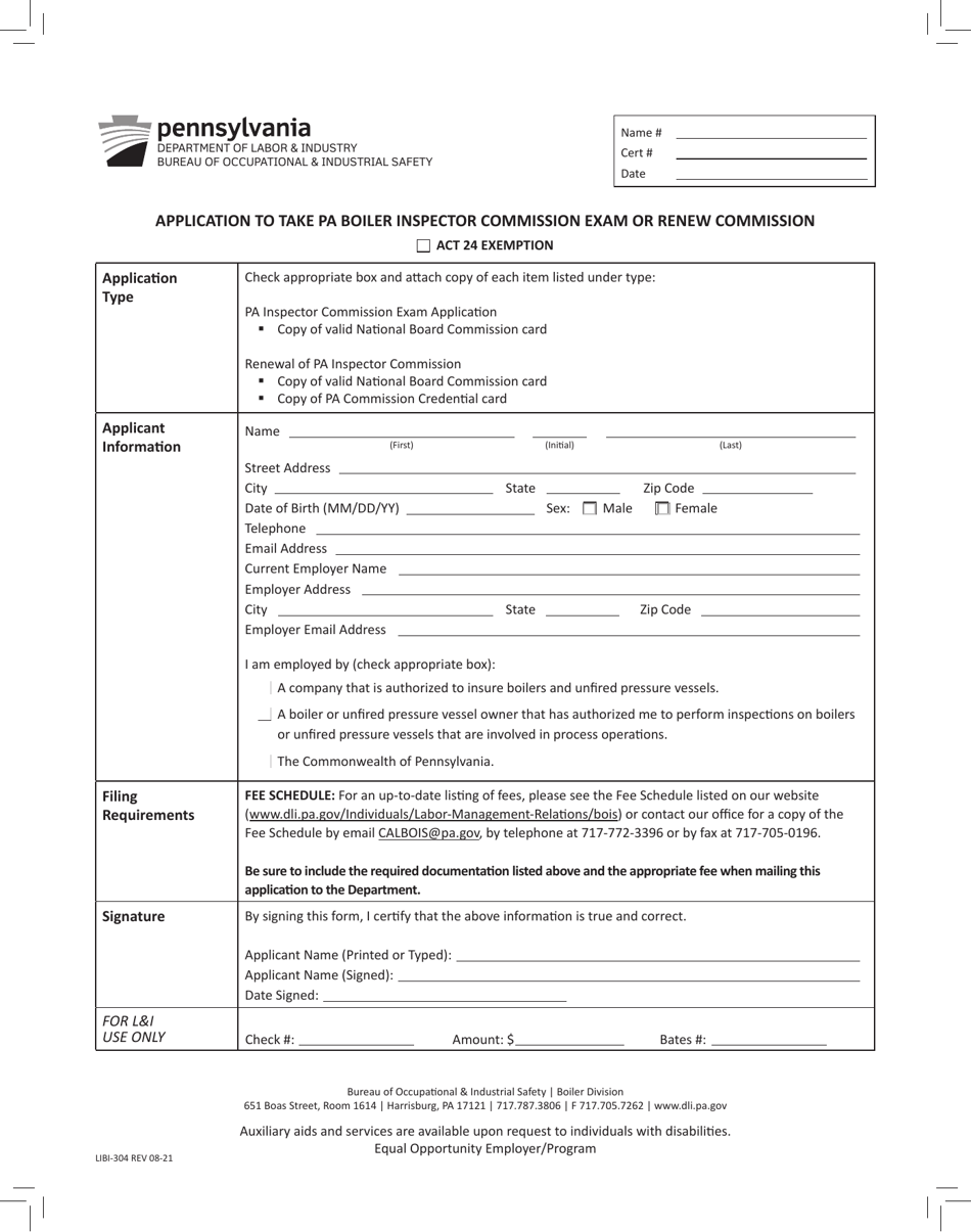 Form LIBI-304 Application to Take Pa Boiler Inspector Commission Exam or Renew Commission - Pennsylvania, Page 1
