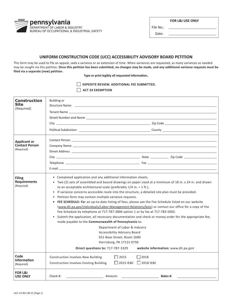 Form UCC-1A Uniform Construction Code (Ucc) Accessibility Advisory Board Petition - Pennsylvania, Page 1