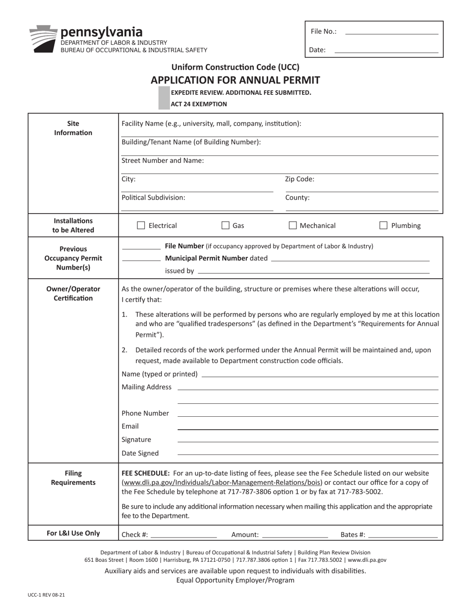 Form UCC-1 Application for Annual Permit - Pennsylvania, Page 1