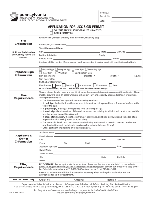 Form UCC-5 Application for Ucc Sign Permit - Pennsylvania