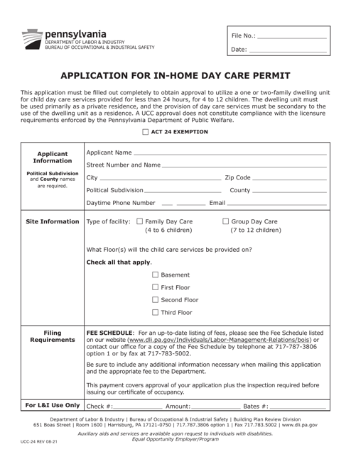 Form UCC-24 Application for in-Home Day Care Permit - Pennsylvania
