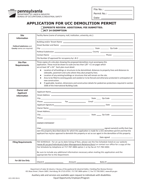 Form UCC-4 Application for Ucc Demolition Permit - Pennsylvania