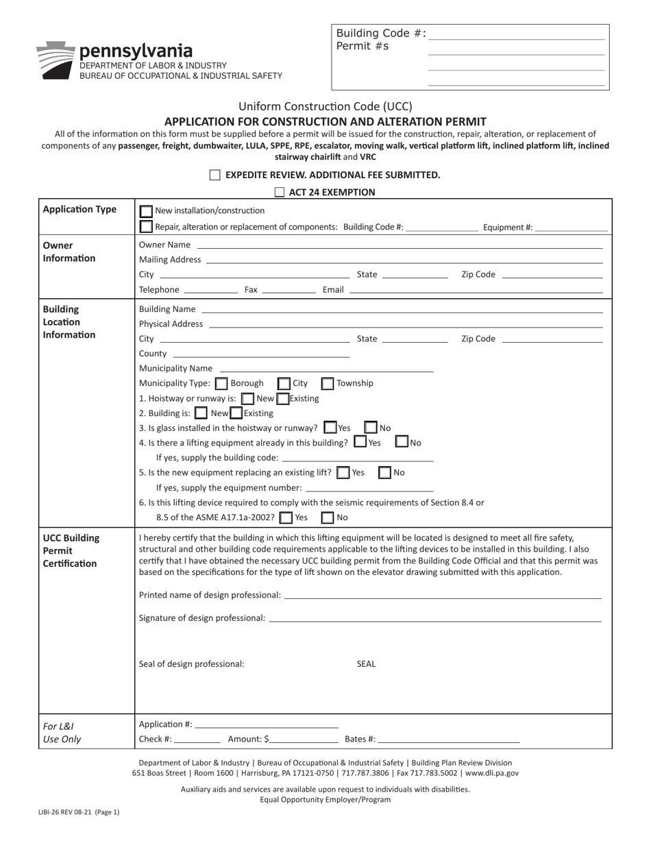 Form LIBI-26 Application for Construction and Alteration Permit - Pennsylvania, Page 1