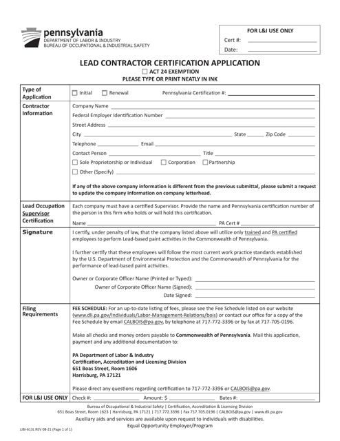 Form LIBI-613L Lead Contractor Certification Application - Pennsylvania