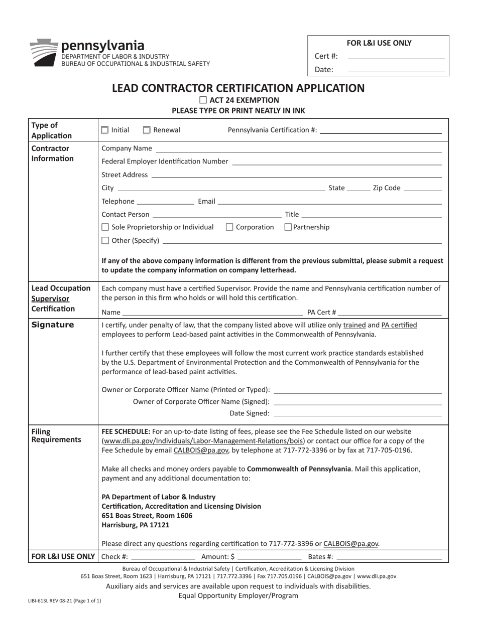 Form LIBI-613L Lead Contractor Certification Application - Pennsylvania, Page 1