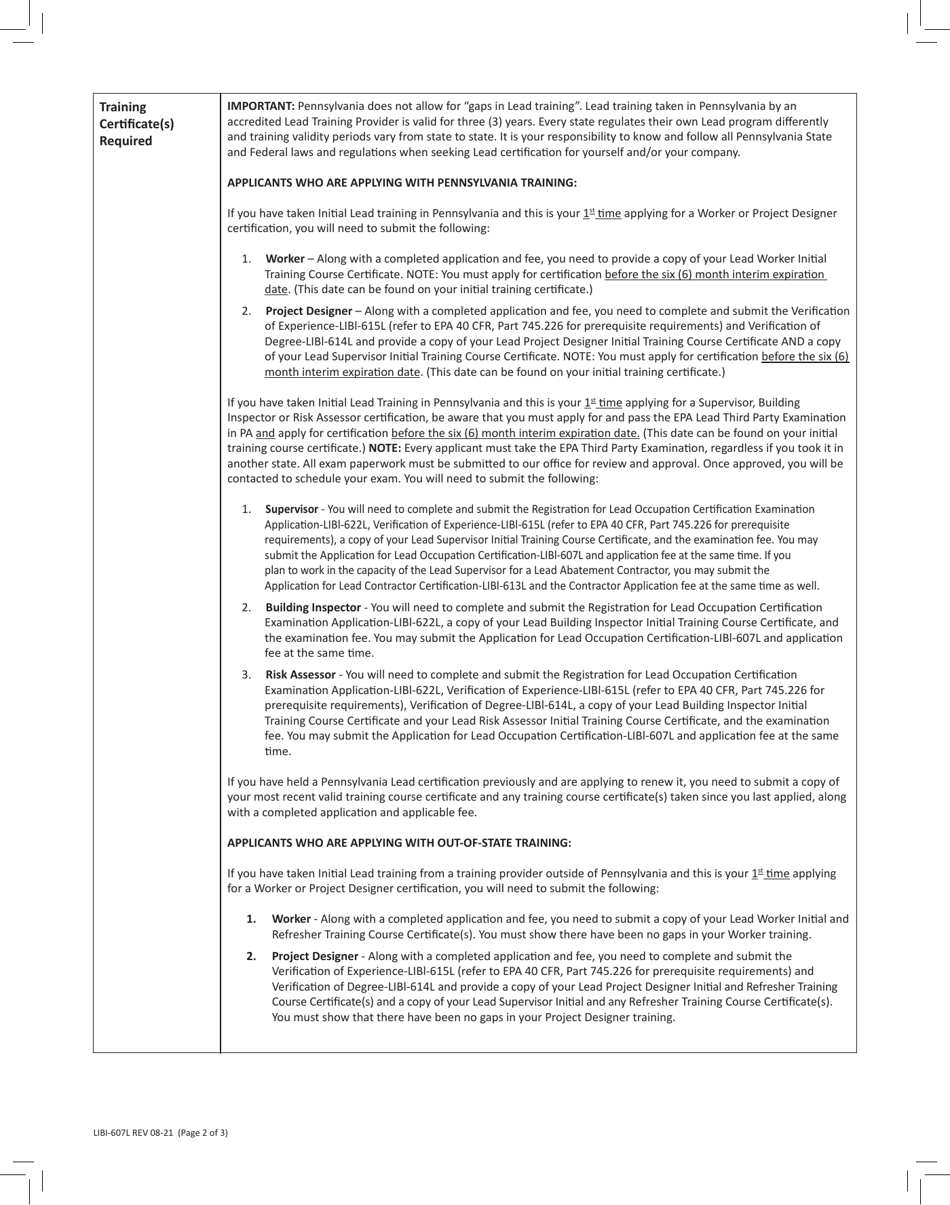 Form LIBI-607L Application for Lead Occupation Certification - Pennsylvania, Page 2