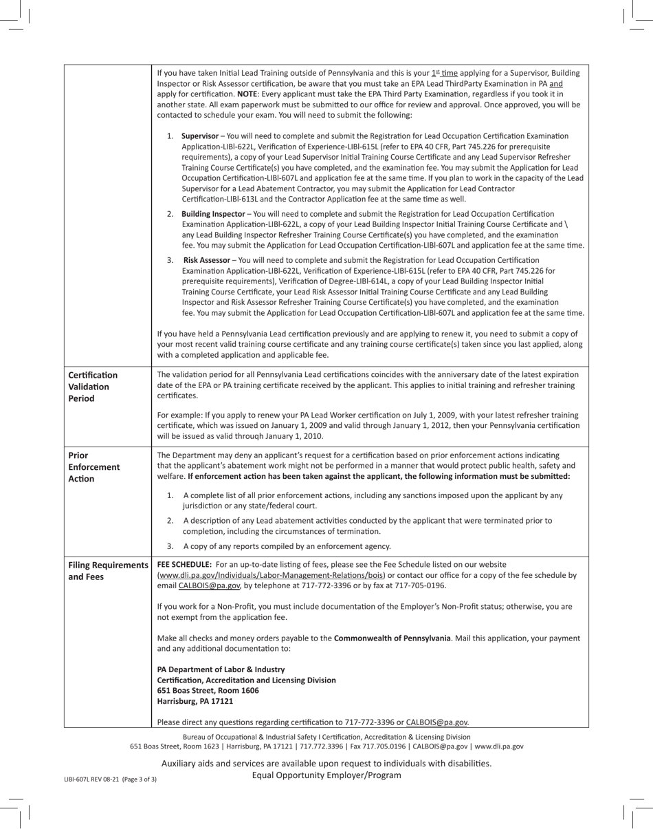 Form LIBI-607L Application for Lead Occupation Certification - Pennsylvania, Page 3