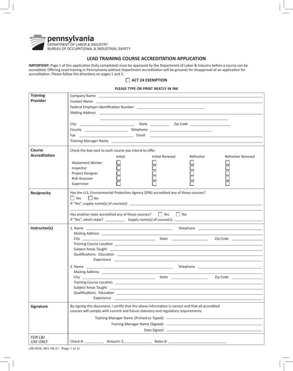 Form LIBI-603L Lead Training Course Accreditation Application - Pennsylvania, Page 1