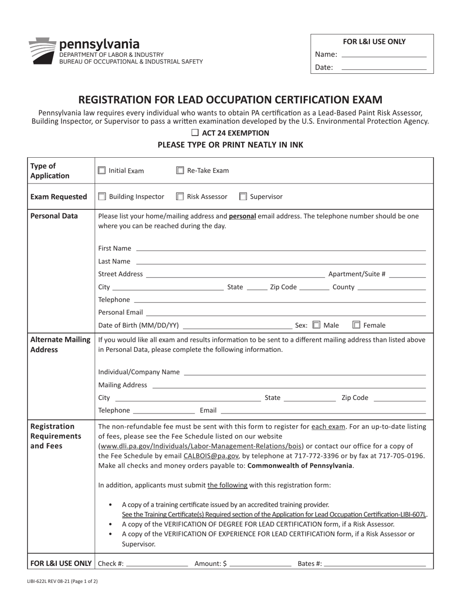 Form LIBI-622L Registration for Lead Occupation Certification Exam - Pennsylvania, Page 1