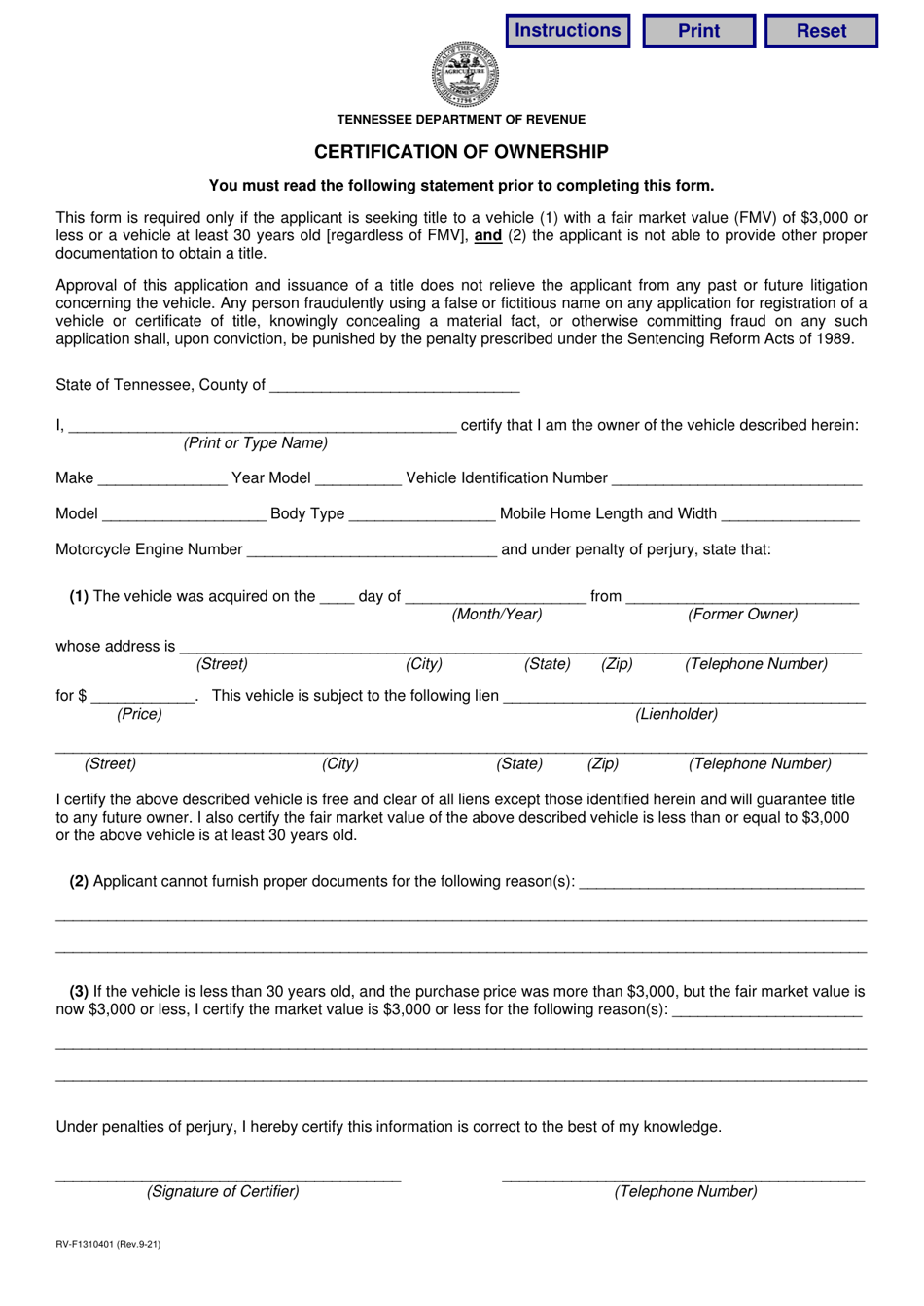 Form RV-F1310401 Certification of Ownership - Tennessee, Page 1