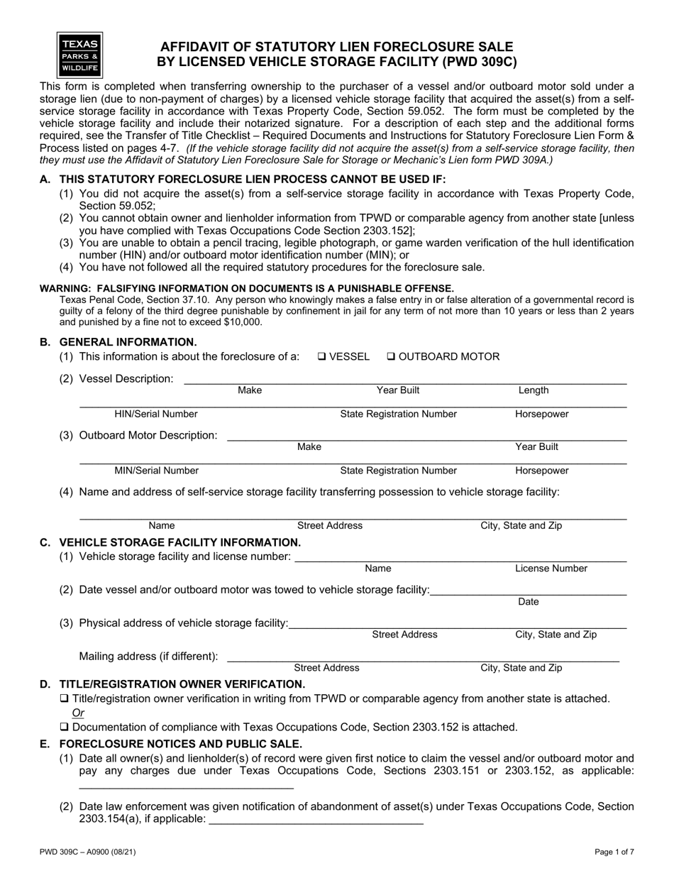 Form PWD309C Affidavit of Statutory Lien Foreclosure Sale by Licensed Vehicle Storage Facility - Texas, Page 1