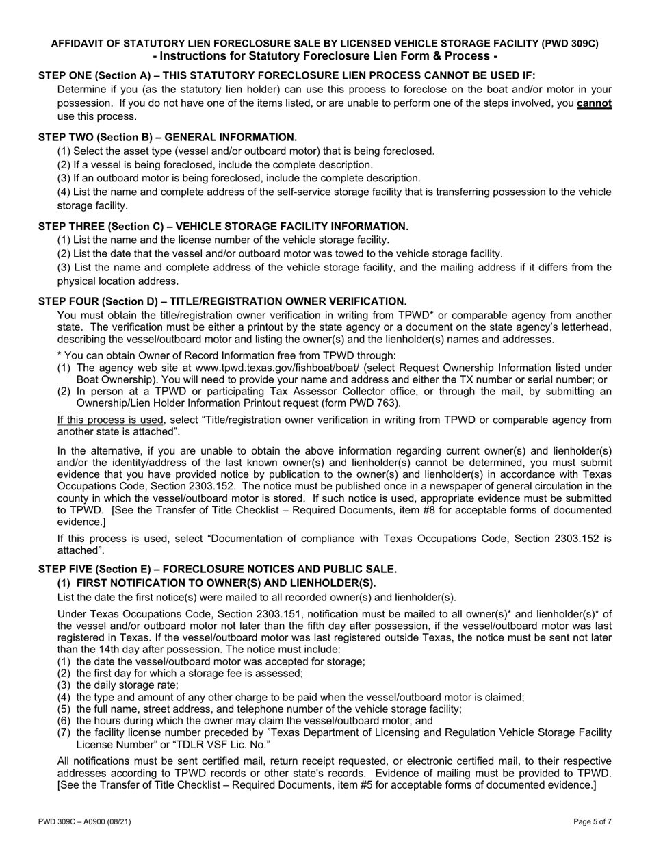 Form PWD309C Affidavit of Statutory Lien Foreclosure Sale by Licensed Vehicle Storage Facility - Texas, Page 5