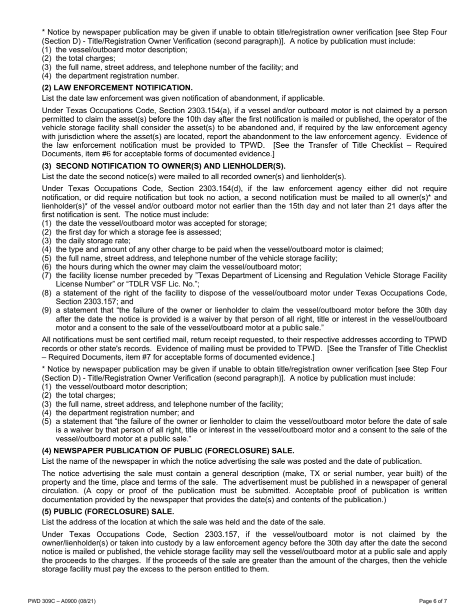 Form PWD309C Affidavit of Statutory Lien Foreclosure Sale by Licensed Vehicle Storage Facility - Texas, Page 6