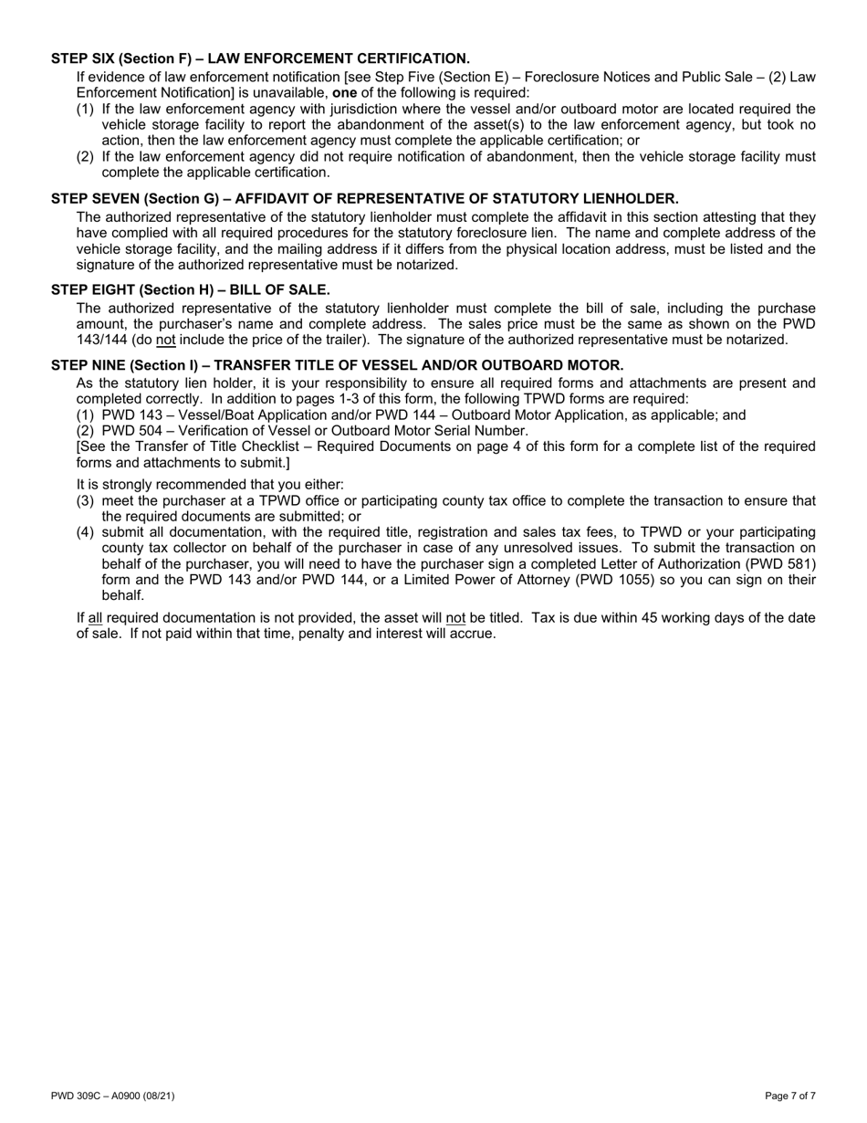 Form PWD309C Affidavit of Statutory Lien Foreclosure Sale by Licensed Vehicle Storage Facility - Texas, Page 7