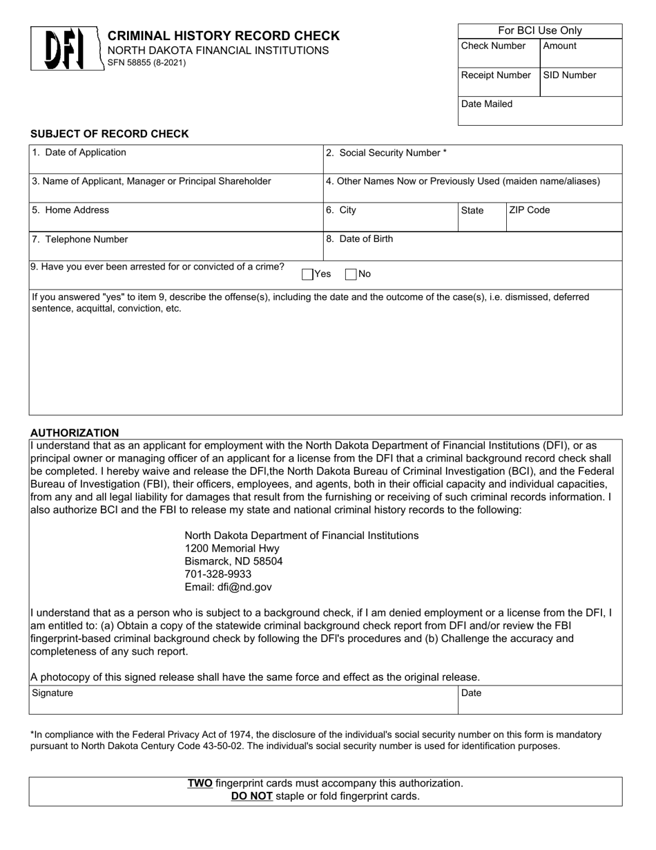 Form SFN58855 Criminal History Record Check - North Dakota, Page 1
