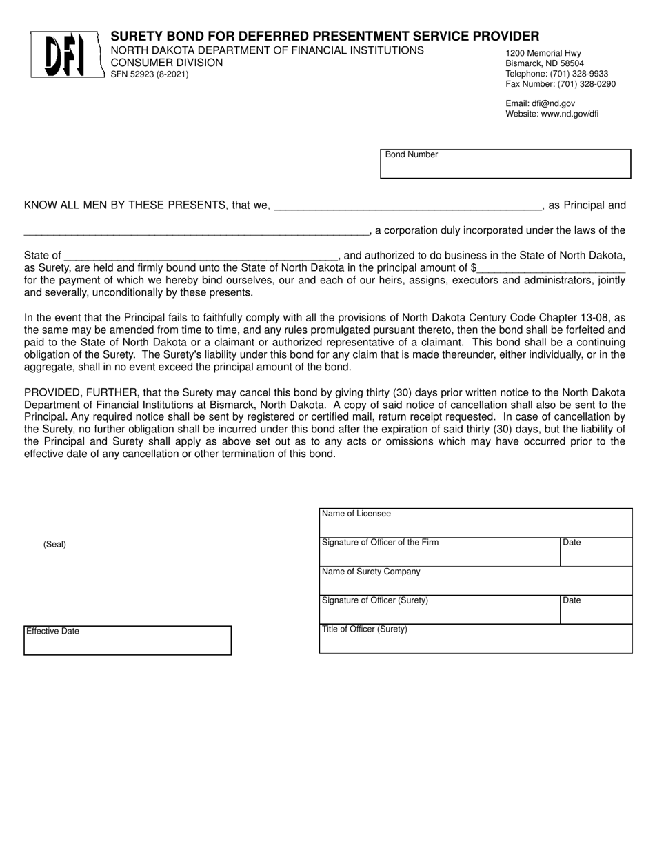 Form SFN52923 Surety Bond for Deferred Presentment Service Provider - North Dakota, Page 1