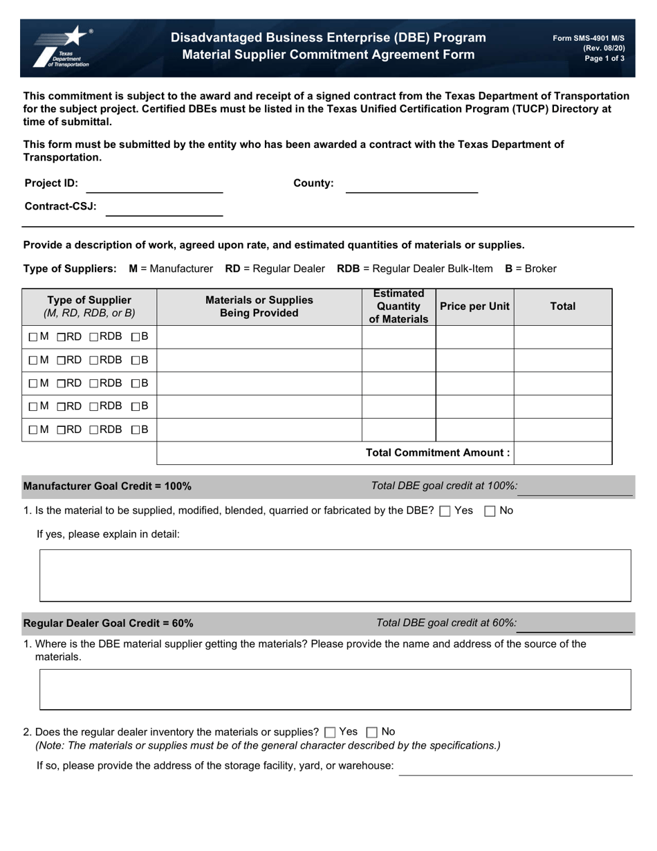 Form SMS-4901 M / S Material Supplier Commitment Agreement Form - Disadvantaged Business Enterprise (Dbe) Program - Texas, Page 1