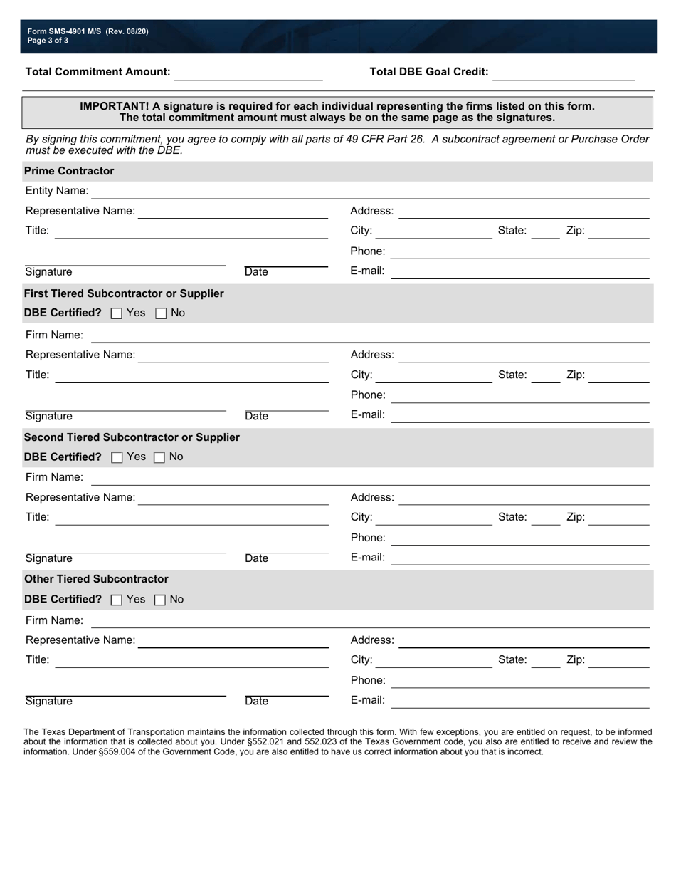 Form SMS-4901 M / S Material Supplier Commitment Agreement Form - Disadvantaged Business Enterprise (Dbe) Program - Texas, Page 3