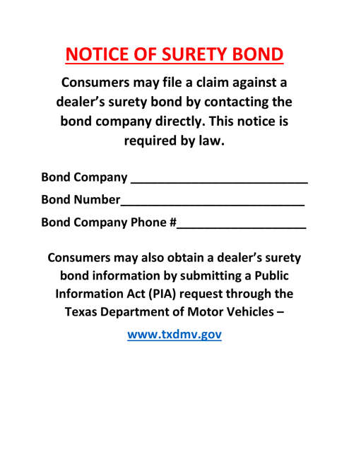 Notice of Surety Bond - Texas Download Pdf