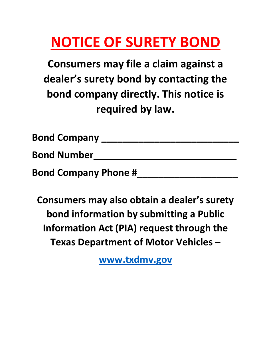 Notice of Surety Bond - Texas, Page 1
