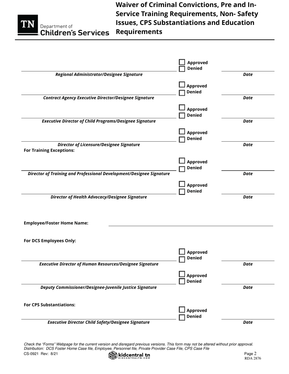 Form CS-0921 Waiver of Criminal Convictions, Pre and In-Service Training Requirements, Non-safety Issues, Cps Substantiations and Education Requirements - Tennessee, Page 2