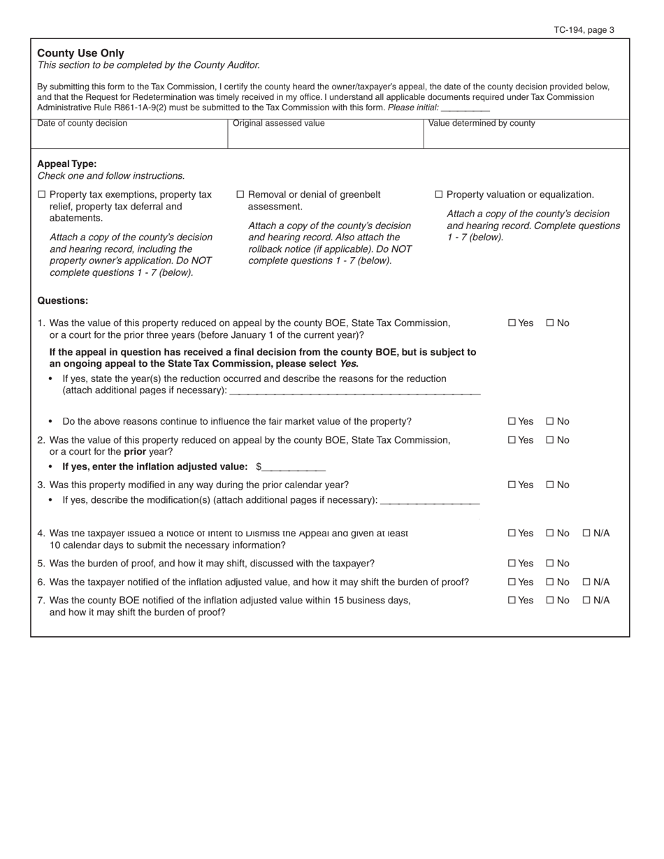 Form TC-194 Request for Redetermination of County Decision - Utah, Page 3