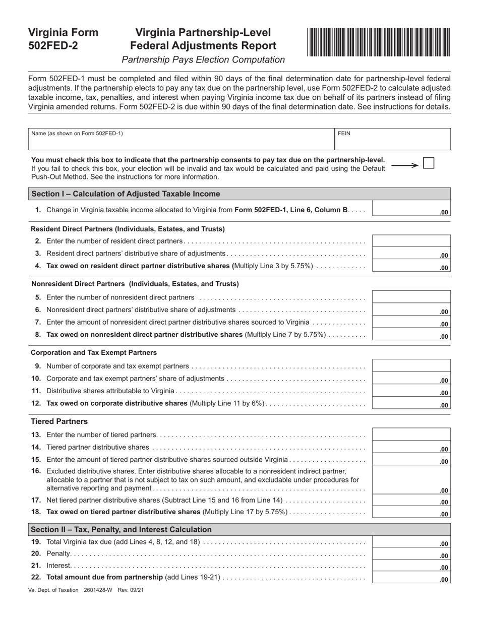 Form 502FED-2 Virginia Partnership-Level Federal Adjustments Report - Virginia, Page 1