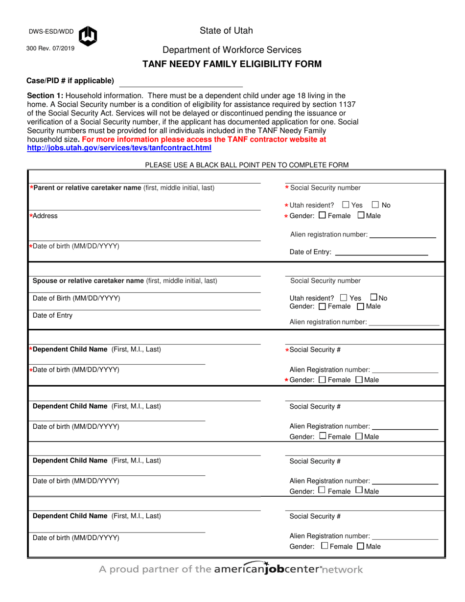 Form DWS-ESD / WDD300 TANF Needy Family Eligibility Form - Utah, Page 1