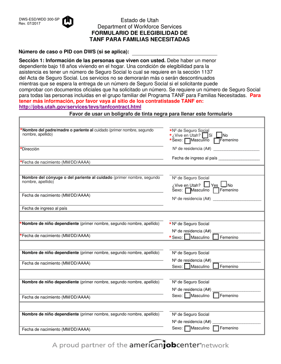 Formulario DWS-ESD / WDD300-SP Formulario De Elegibilidad De TANF Para Familias Necesitadas - Utah (Spanish), Page 1