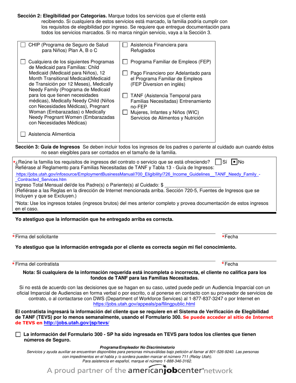 Formulario DWS-ESD / WDD300-SP Formulario De Elegibilidad De TANF Para Familias Necesitadas - Utah (Spanish), Page 2