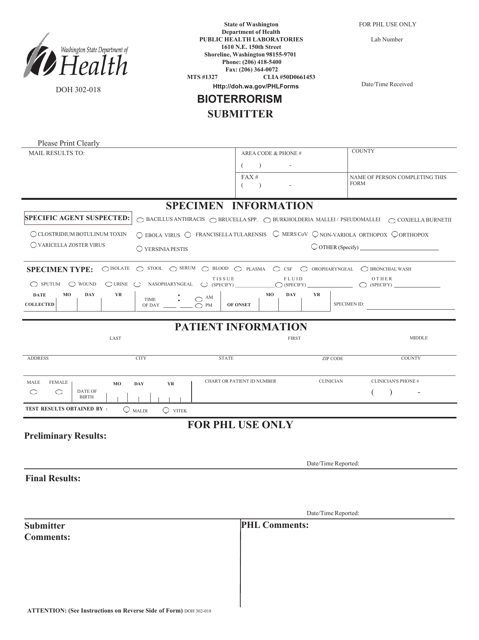 DOH Form 302-018 Bioterrorism Specimen Requisition Form - Washington