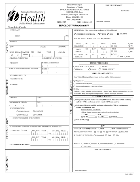DOH Form 302-017 Serology/Virology/HIV Requisition Form - Washington