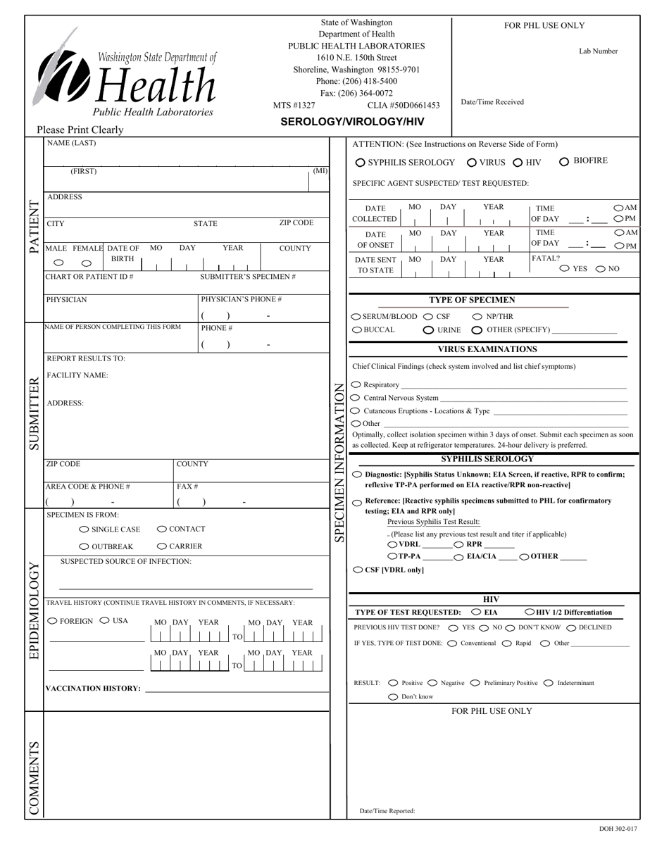 DOH Form 302-017 Serology / Virology / HIV Requisition Form - Washington, Page 1