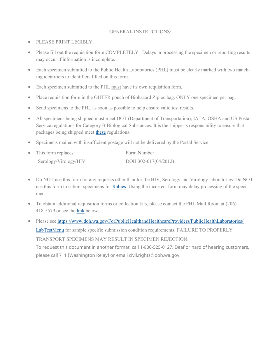 DOH Form 302-017 Serology / Virology / HIV Requisition Form - Washington, Page 2