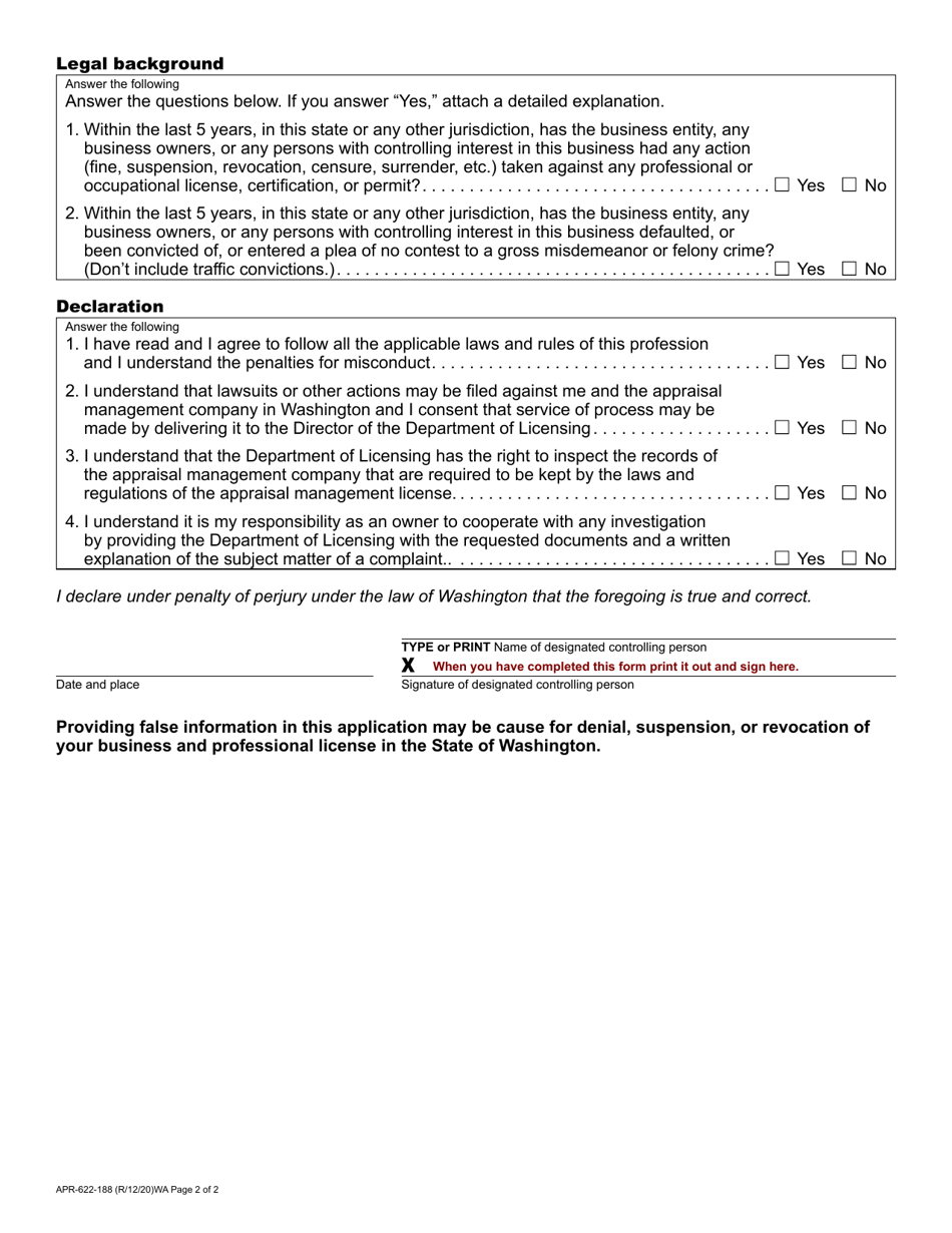 Form APR-622-188 Appraisal Management Company Application - Washington, Page 2
