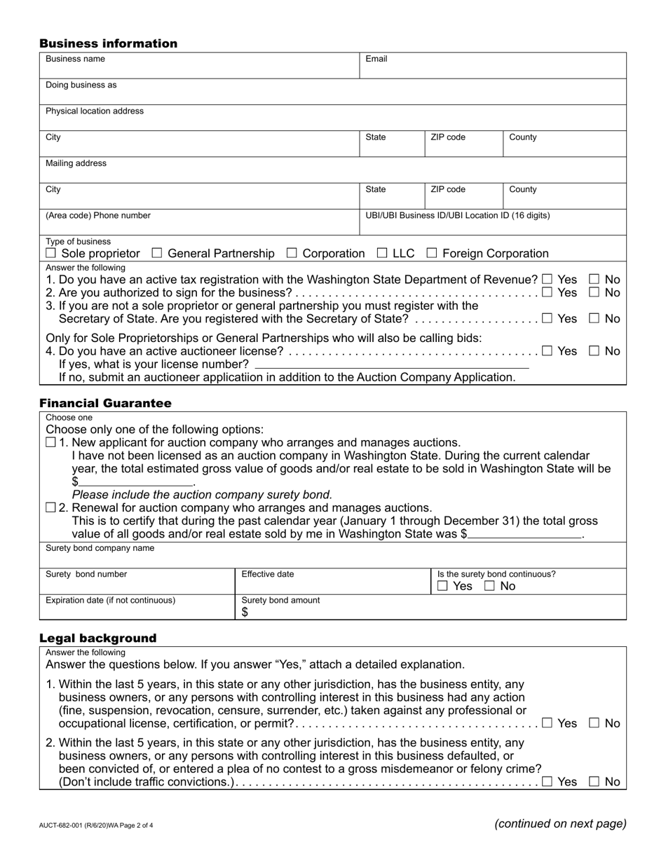 Form AUCT-682-001 Auction Company Registration Application - Washington, Page 2