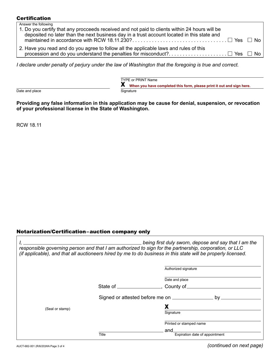 Form AUCT-682-001 Auction Company Registration Application - Washington, Page 3