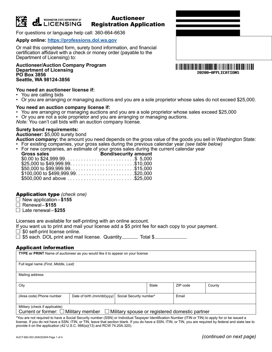 Form AUCT-682-003 Auctioneer Registration Application - Washington, Page 1