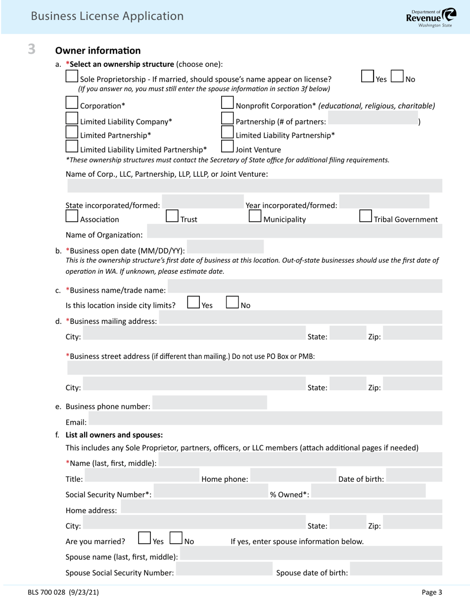 Form BLS700 028 Business License Application - Washington, Page 3