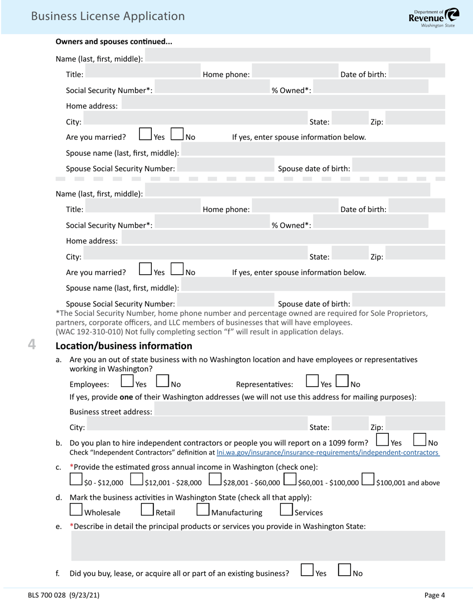 Form BLS700 028 Business License Application - Washington, Page 4