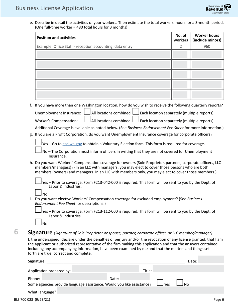 Form BLS700 028 Business License Application - Washington, Page 6