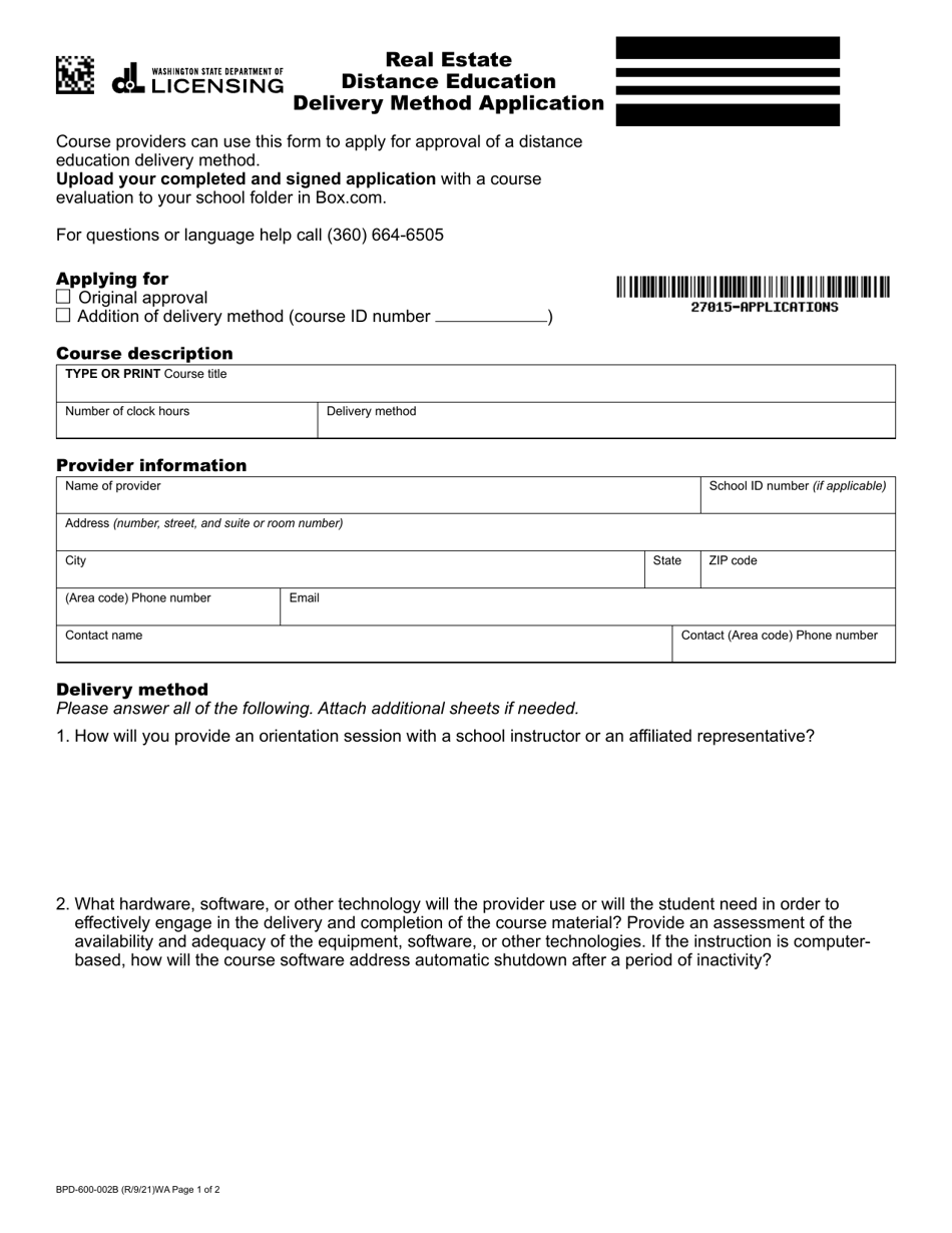 Form BPD-600-002B Real Estate Distance Education Delivery Method Application - Washington, Page 1
