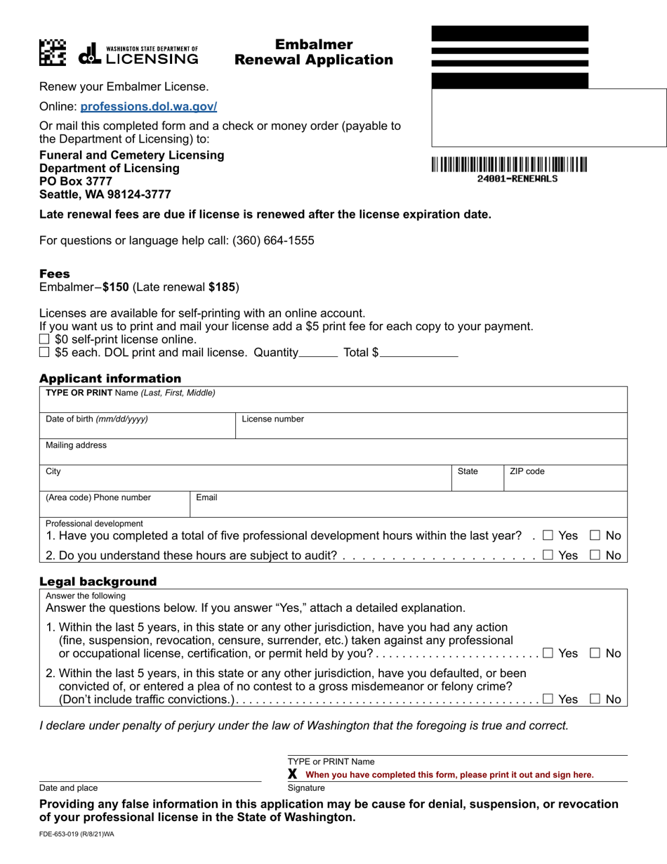 Form FDE-653-019 Embalmer Renewal Application - Washington, Page 1