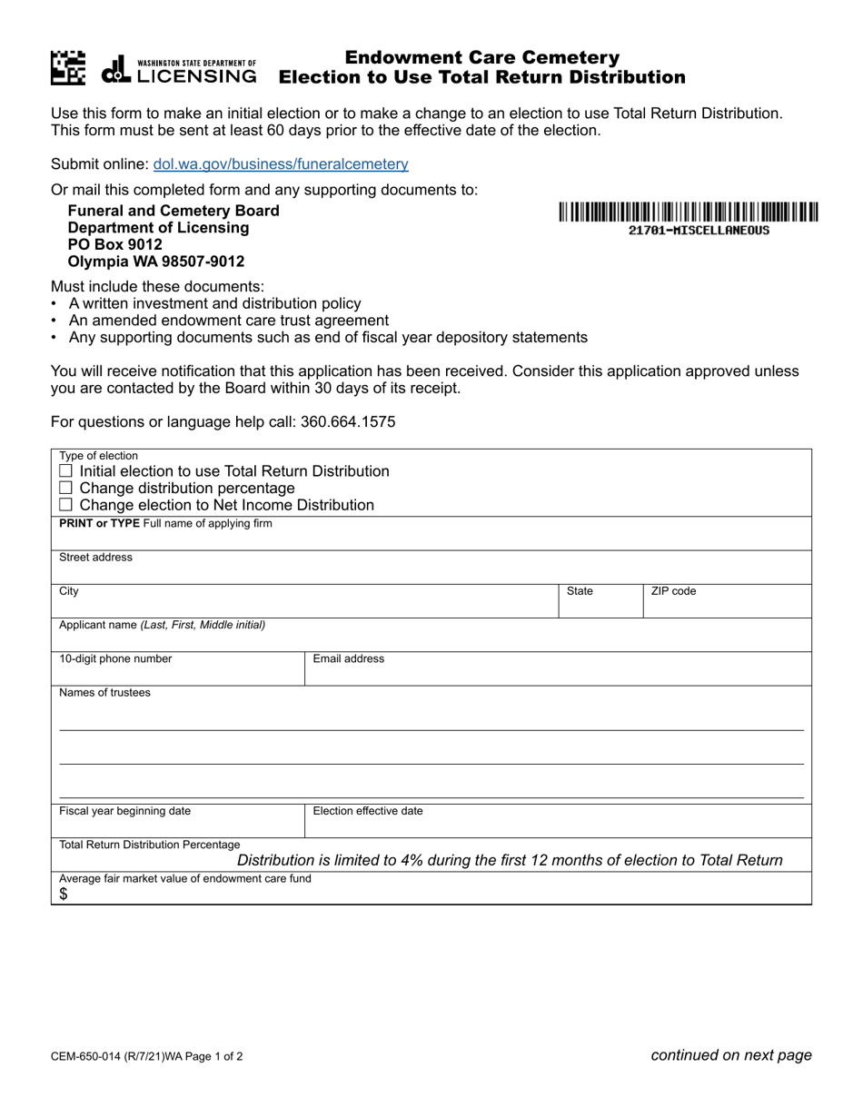 Form CEM-650-014 Endowment Care Cemetery Election to Use Total Return Distribution - Washington, Page 1