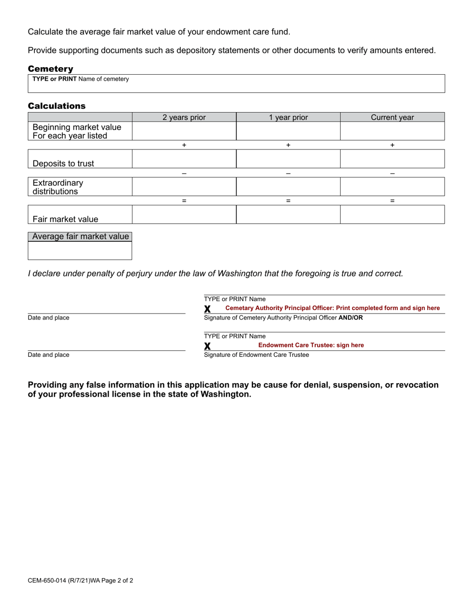 Form CEM-650-014 Endowment Care Cemetery Election to Use Total Return Distribution - Washington, Page 2